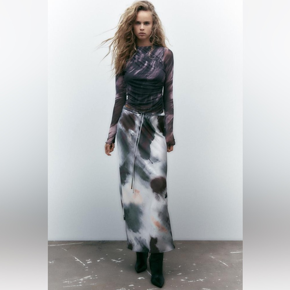 New ZARA Skirt Satin-Finish Modern Polka-Dot Maxi Adjustable Tie-Waist M $98